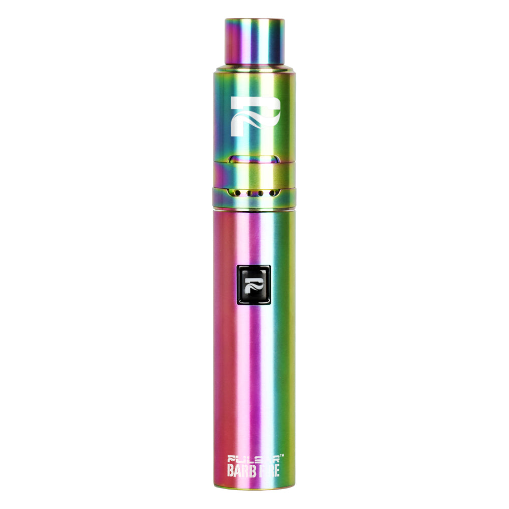 Pulsar Barb Fire Vaporizer with rainbow finish and quartz coil for concentrates, front view