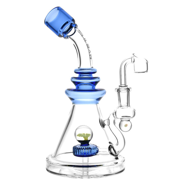 Pulsar Vase Opal Rig, 9" tall with 14mm female joint, featuring blue accents and borosilicate glass