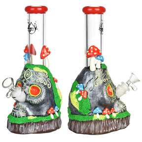 Pulsar Voodoo Skull Beaker Water Pipe, 10.25" with Colorful Mushroom Accents, Front and Side Views