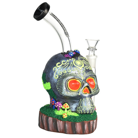Pulsar Voodoo Skull Water Pipe, 9" tall, with a 14mm female joint and honeycomb percolator, front view