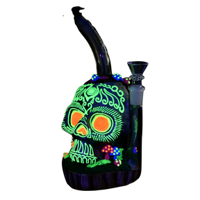 Pulsar Voodoo Skull Water Pipe, 9" tall with honeycomb percolator, front view on black background
