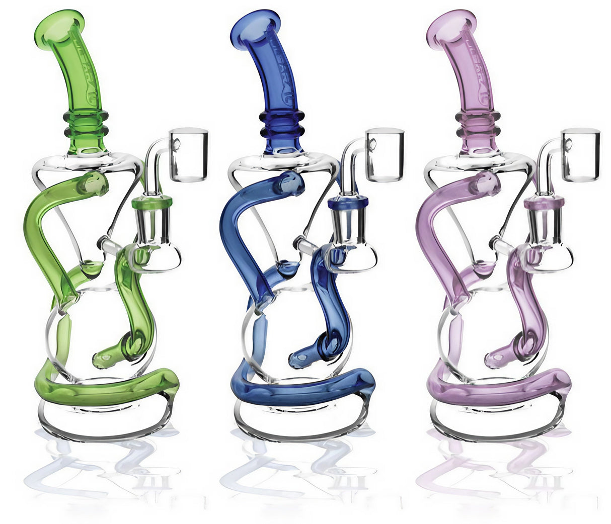 Pulsar Vortex Recycler Oil Rigs in Green, Blue, and Purple - Borosilicate Glass with Quartz Nail