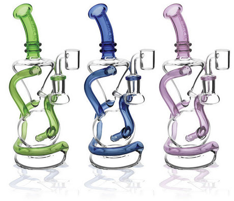 Pulsar Vortex Recycler Oil Rigs in Green, Blue, and Purple - Borosilicate Glass with Quartz Nail