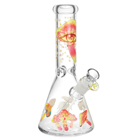 Pulsar Watchful Shrooms Beaker Water Pipe, 10.5" with vibrant mushroom design, front view