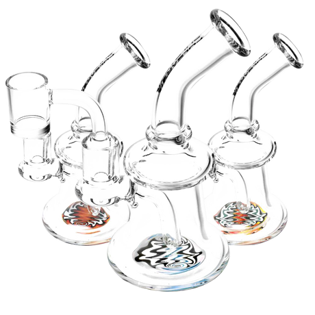 Pulsar Wig Wag Bottom Bell Mini Rigs angled view showcasing colorful glass patterns and borosilicate build.