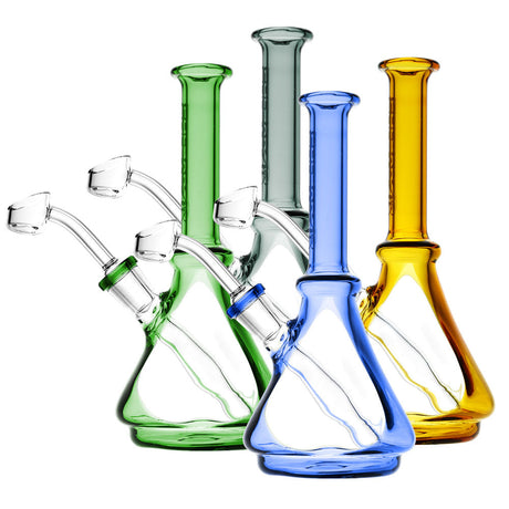 Pulsar Window Beaker Oil Rigs in assorted colors with quartz bangers, side view on white background