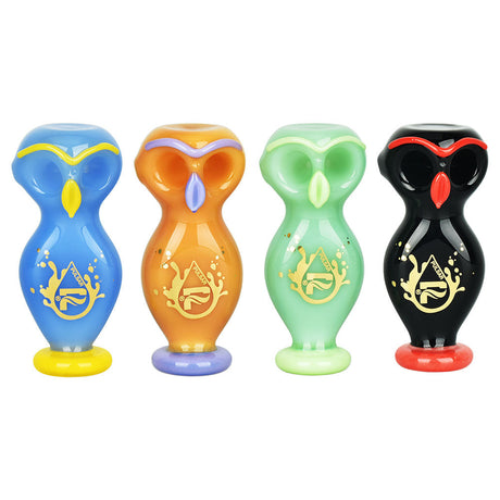 Pulsar Wise Owl Double Bowl Hand Pipes in various colors, front view on white background