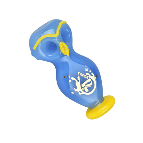 Pulsar Wise Owl Double Bowl Hand Pipe in blue with yellow accents, angled view on white background