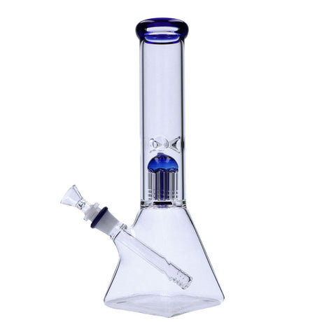 Blue Quad Base Beaker Bong with Tree Perc by Valiant Distribution, 12" Borosilicate Glass, Front View