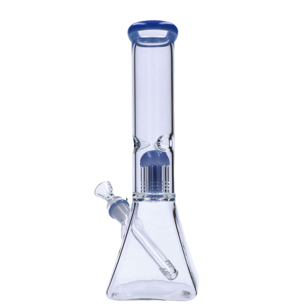 Valiant Distribution 12" Quad Base Beaker Bong with Blue Tree Perc, Glass on Glass Joint, Front View