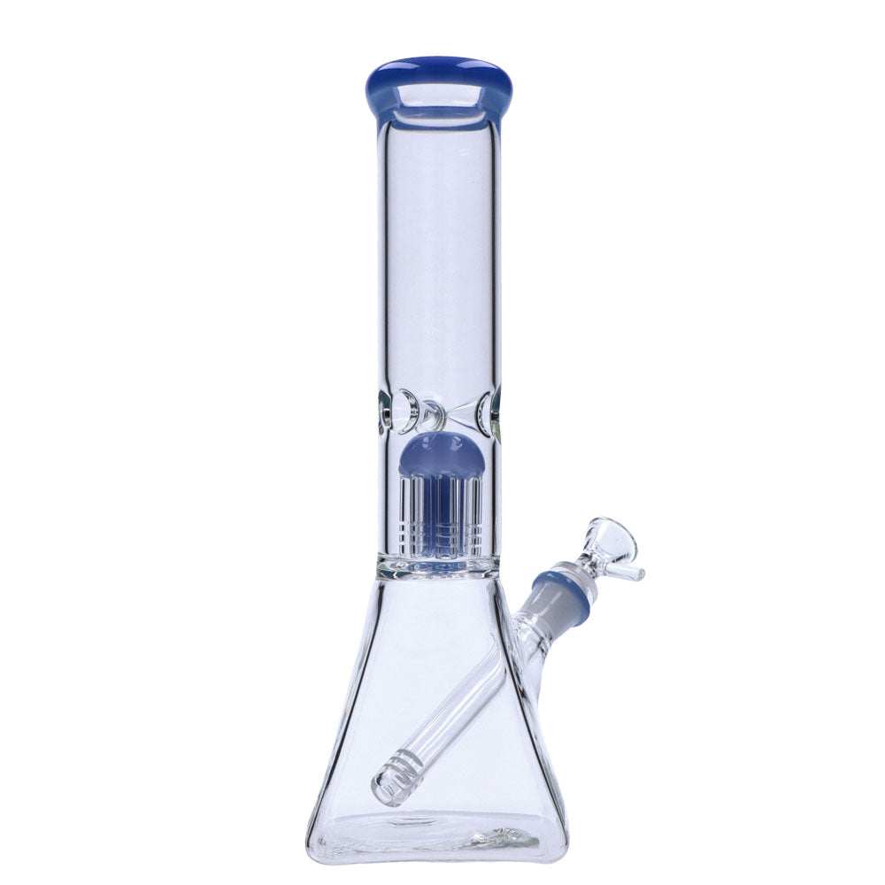 Valiant Distribution Quad Base Beaker Bong with Blue Tree Perc, Front View on White Background