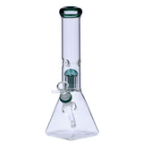 Valiant Distribution Quad Base Beaker Bong with Tree Perc in Slyme Green, Front View on White Background