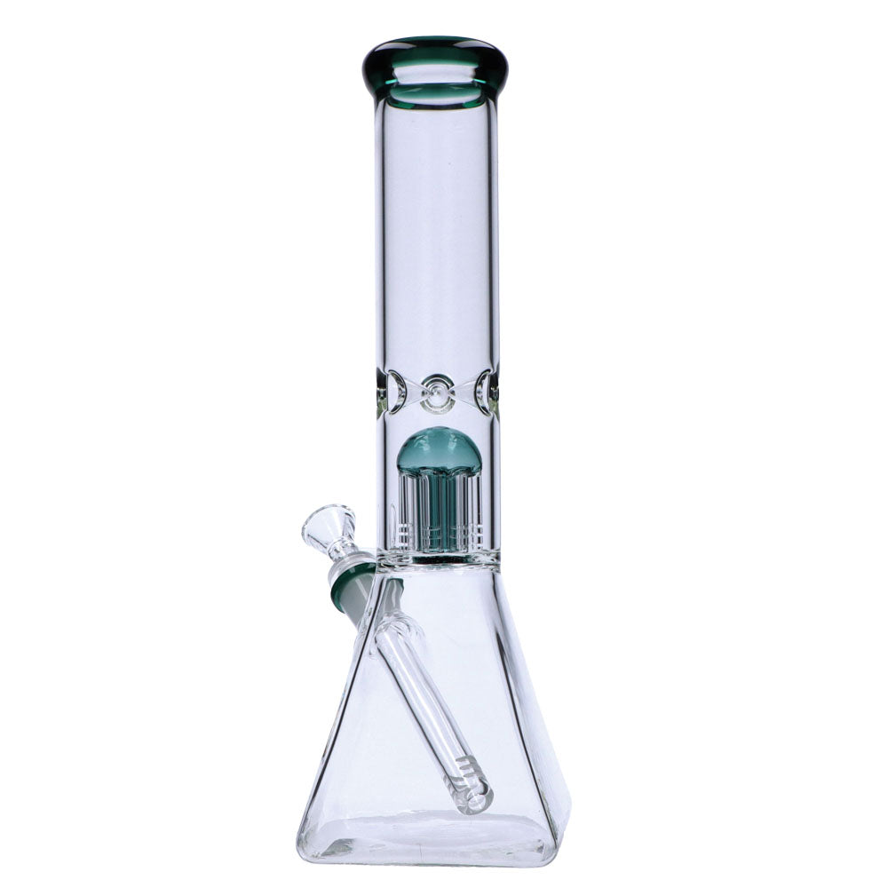 Valiant Distribution Quad Base Beaker Bong with Green Tree Perc, Front View on White