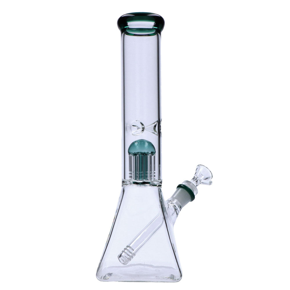 Valiant Distribution 12" Quad Base Beaker Bong with Tree Perc in Teal, Front View on White Background