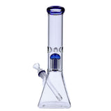 Valiant Distribution Quad Base Beaker Bong with blue Tree Perc, 12" tall, 45-degree joint, front view
