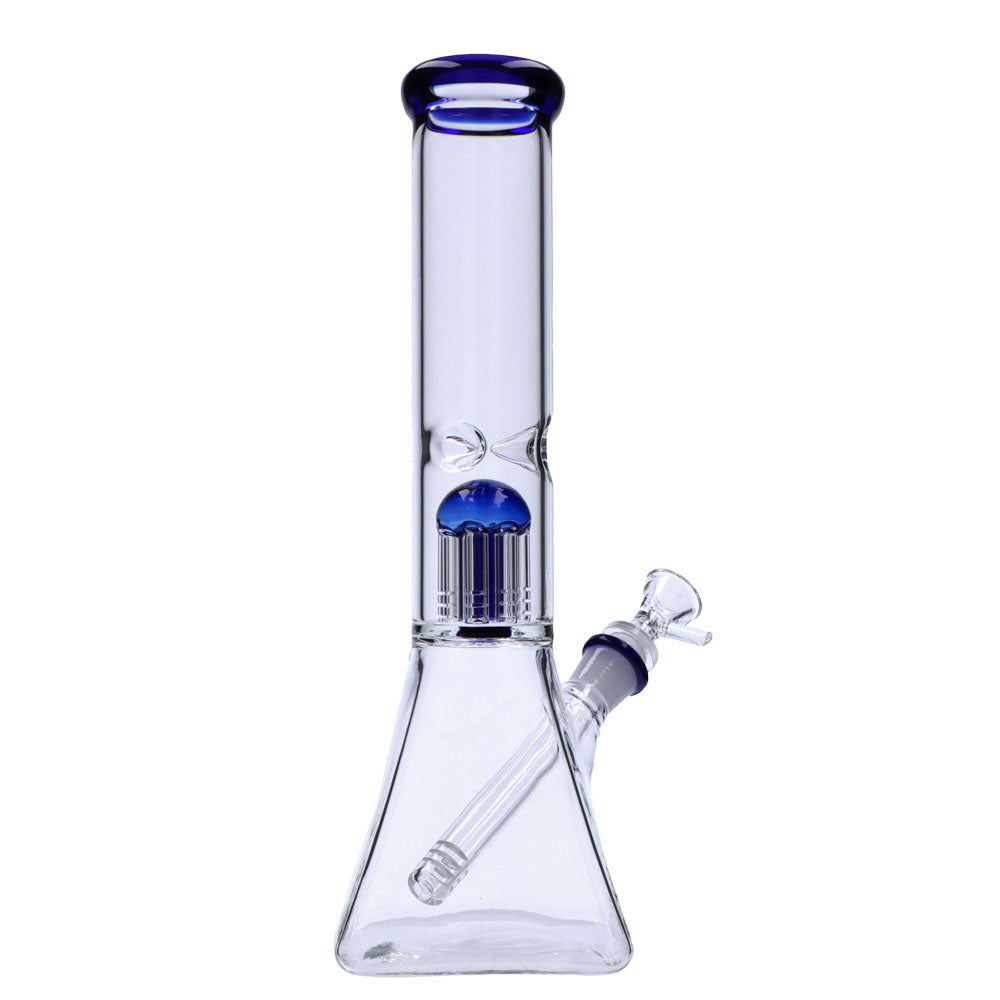 Valiant Distribution 12" Quad Base Beaker Bong with Blue Tree Perc, 45 Degree Joint, Front View