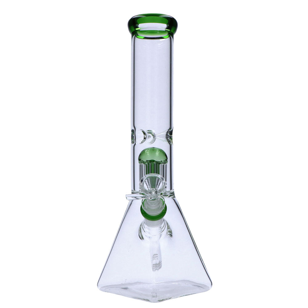 Valiant Distribution 12" Quad Base Beaker Bong with Green Tree Perc, 45 Degree Joint, Front View