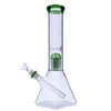 Valiant Distribution Quad Base Beaker Bong with Green Tree Perc for Dry Herbs, Borosilicate Glass, Front View