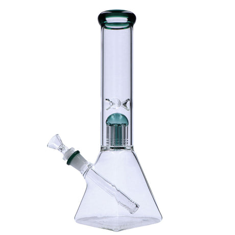 Valiant Distribution Quad Base Beaker Bong with Tree Perc in Teal, Front View on White Background