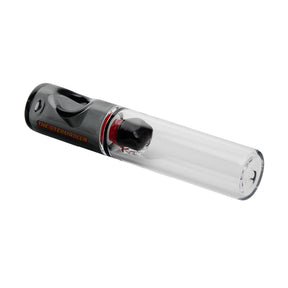 MJ Arsenal The Steamrolla glass hand pipe with clear body and black accents, side view