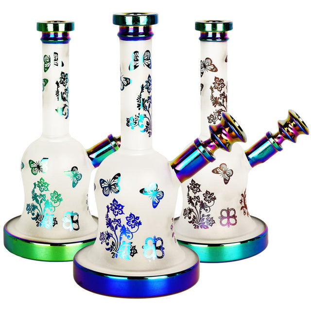 Trio of Rainbow Foil Frosted Glass Water Pipes with Butterfly Designs and 45 Degree Joints