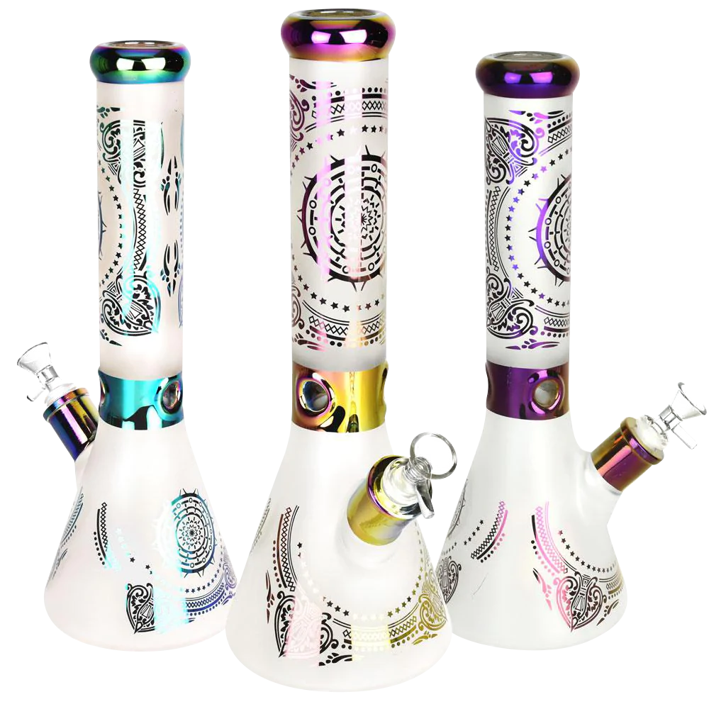 Trio of Rainbow Foil Mandala Frosted Water Pipes with Slit-Diffuser Percolator