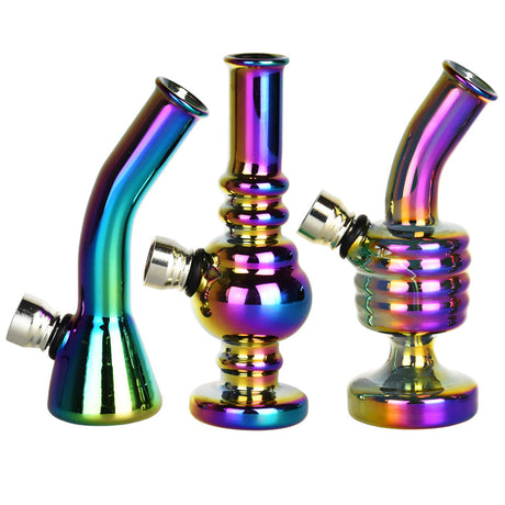 Rainbow Glass Mini Water Pipe with Fixed Bowl, 4.75" Portable Design, Front and Side Views
