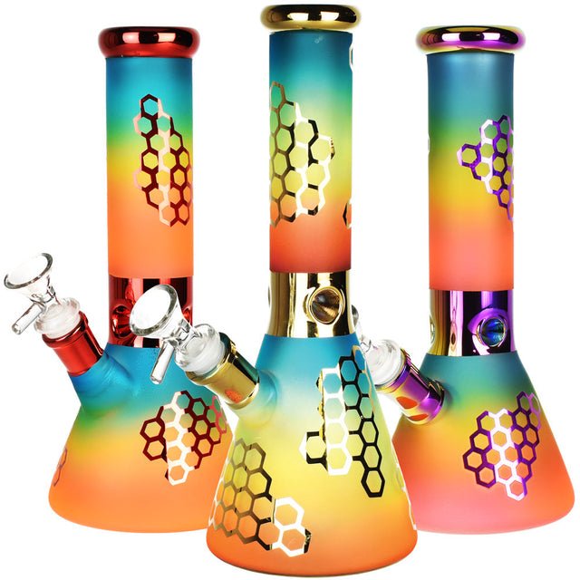 Trio of Rainbow Honeycomb Glass Water Pipes, 10", 14mm Female Joint, Borosilicate