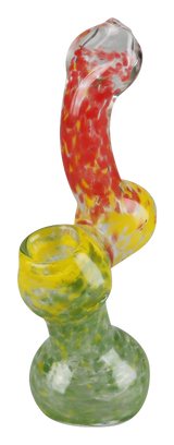 Rasta Bubbler Hand Pipe with vibrant red, yellow, and green swirls, side view, on white background