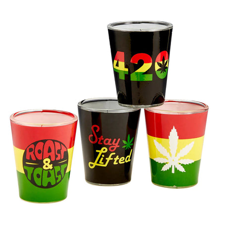 Rasta Theme Borosilicate Glass Shot Glasses, 1 oz 4 Pack, with Cannabis Motifs