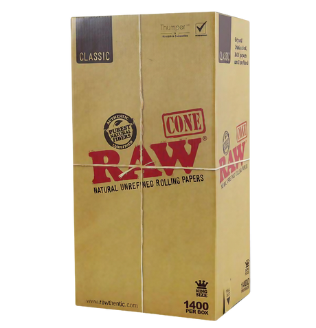 RAW 4.25" Kingsize Classic Cones Bulk Box, 1400pc, front view on white background