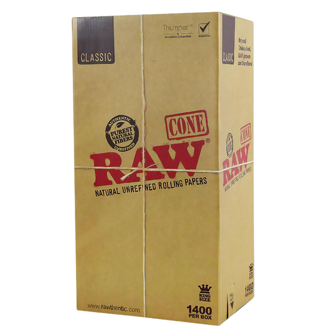 RAW 4.25" Kingsize Classic Cones Bulk Box, 1400pc, front view on white background