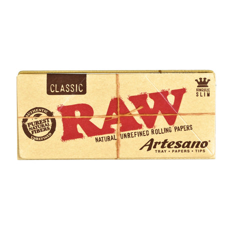 RAW Artesano Kingsize Slim Rolling Papers pack with built-in tray and tips, front view