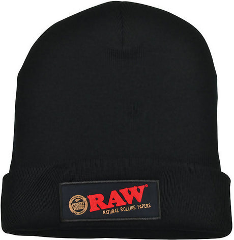 RAW Black Acrylic Beanie Hat front view with iconic logo, one size fits all