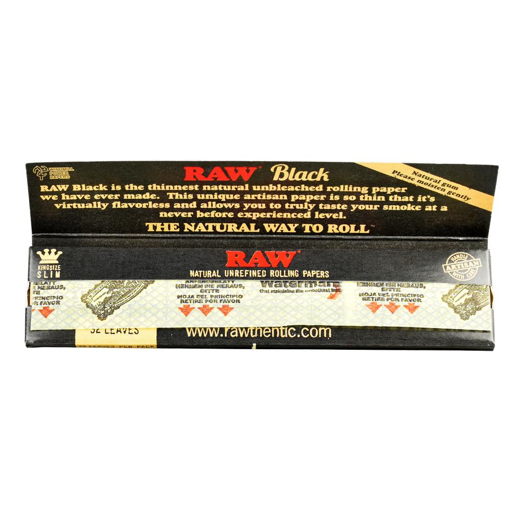 Front view of RAW Black Classic Rolling Papers 50pc Display with unique artisan paper