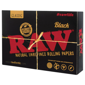 RAW Black Classic Natural Unrefined Rolling Papers Front View with String