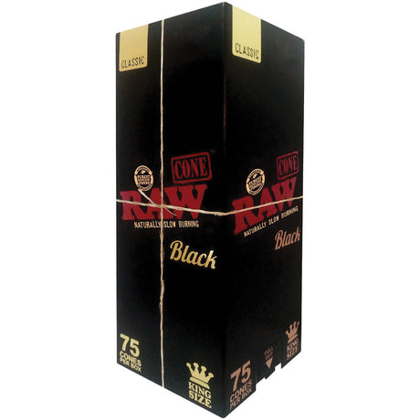 RAW Black King Size Pre-Rolled Cones 75pc box front view on white background