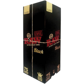 RAW Black King Size Pre-Rolled Cones 75pc box front view on white background