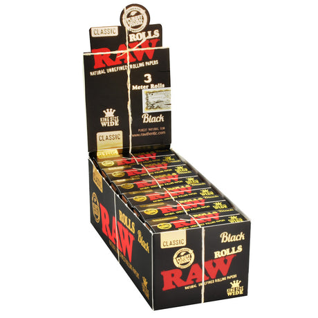 Display box of RAW Black Rolls King Size Wide Rolling Papers, 3m length, 12pc set