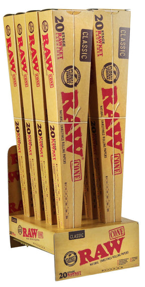 RAW Classic 20 Stage Rawket Launcher rolling papers pack front view on display stand