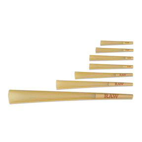 RAW Classic 20 Stage Rawket Launcher rolling papers in various sizes displayed in a fan arrangement