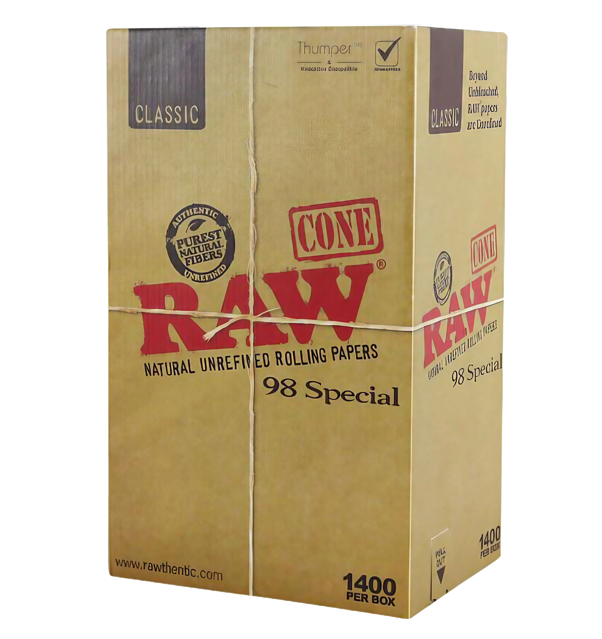 RAW Classic 98 Special Cones bulk box with 1400 natural unrefined rolling papers, front view