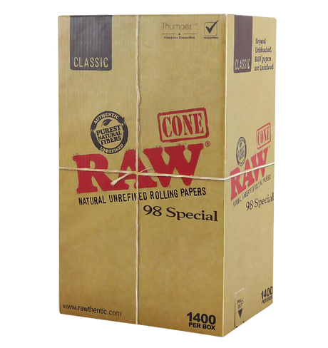 RAW Classic 98 Special Cones bulk box with 1400 natural unrefined rolling papers, front view