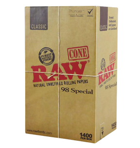 RAW Classic 98 Special Cones bulk box with 1400 natural unrefined rolling papers, front view