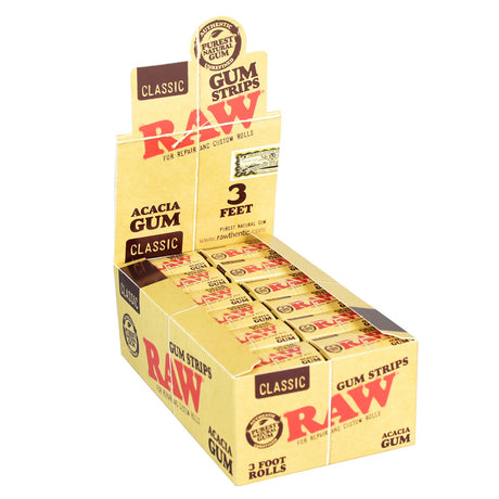 RAW Classic Acacia Gum Strips display box with 3ft roll packs for rolling papers
