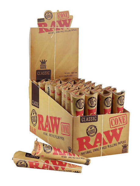 RAW Classic King Size Pre-Rolled Cones 3-Pack in 32pc Display Box, Front View