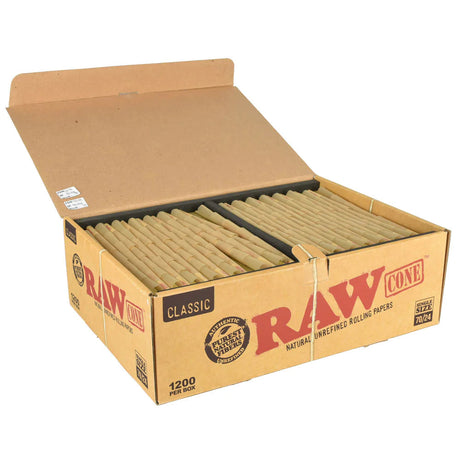 RAW Classic Single Size Bulk Cones 1200 Pack in open box, natural unbleached paper, portable design