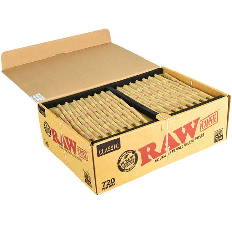 RAW Classic Single Size Bulk Cones 720 Pack, medium unbleached rolling papers, box open view