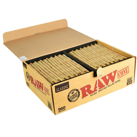 RAW Classic Single Size Bulk Cones open box with 960 unbleached rolling papers