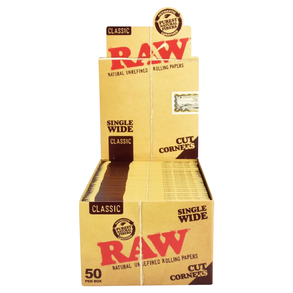 RAW Single Wide Hemp Rolling Papers with Cut Corners, 50 Pack Display Box